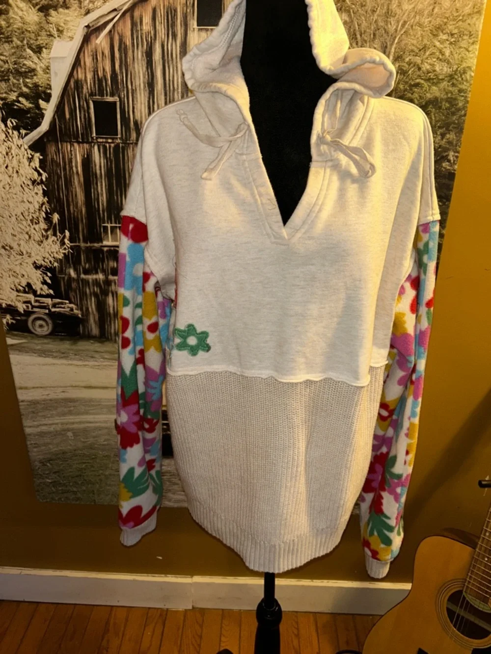 Upcycled Floral Patchwork Hooded Women's Top - Cream with Multicolor Flowers - Picture 2 of 4